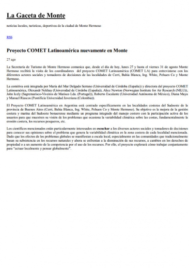 Diffusion of COMET-LA project through La Gaceta de Monte