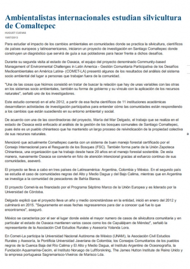 Difusión en prensa de COMET-LA en Noticias Net (México). Julio 2013