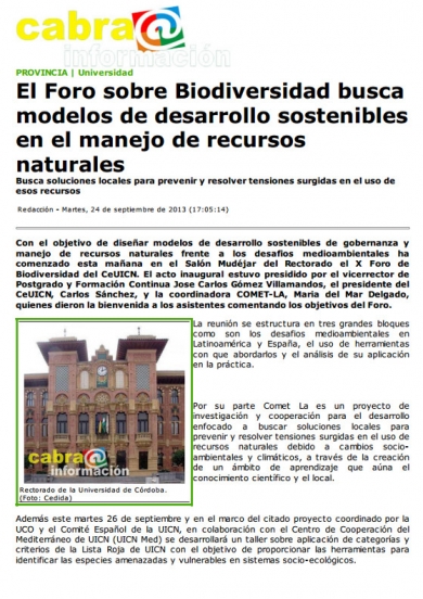 Diffusion in press of X Bioversity Forum  in Cabra Información (Spain). September 2013