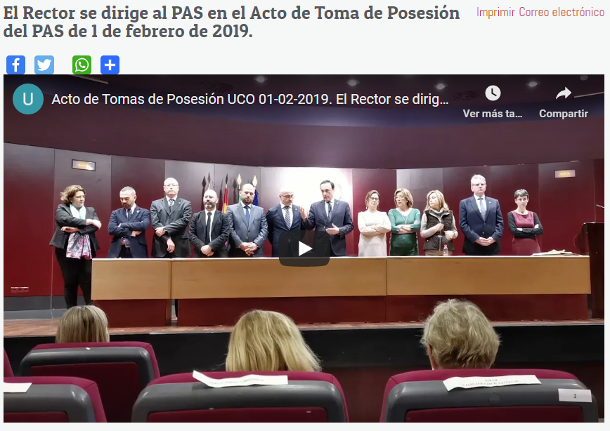 El Rector se dirige al PAS en el Acto de Toma de Posesión del PAS de 1 de febrero de 2019.