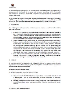 Comunicación UCO a la JUNTA PAS de 20 de mayo de 2020