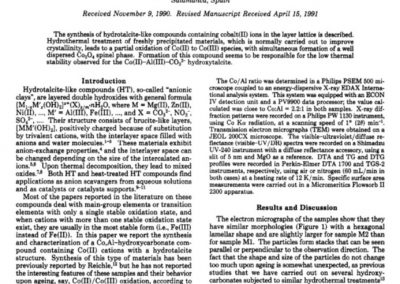 Anionic Clays with variable valence cations: Synthesis and caracterization of [Co1-xAlx(OH)2] (CO3)x/2· n H20.  Chem. Mater. 3 (1991) 626-630.