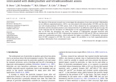 Adsorption of non-ionic pesticide S-Metolachlor on layered double hydroxides intercalated with dodecylsulfate and tetradecanedioate anions. Applied Clay Science 65-66 (2012) 72–79.