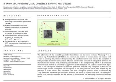 Pesticides adsorption–desorption on Mg–Al mixed oxides. Kinetic modeling, competing factors and recyclability. Chemical Engineering Journal 221 (2013) 214–221.