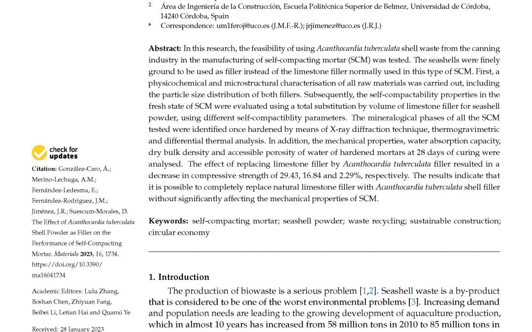 The Effect of Acanthocardia tuberculata Shell Powder as Filler on the Performance of Self-Compacting Mortar. Materials 2023, 16, 1734.