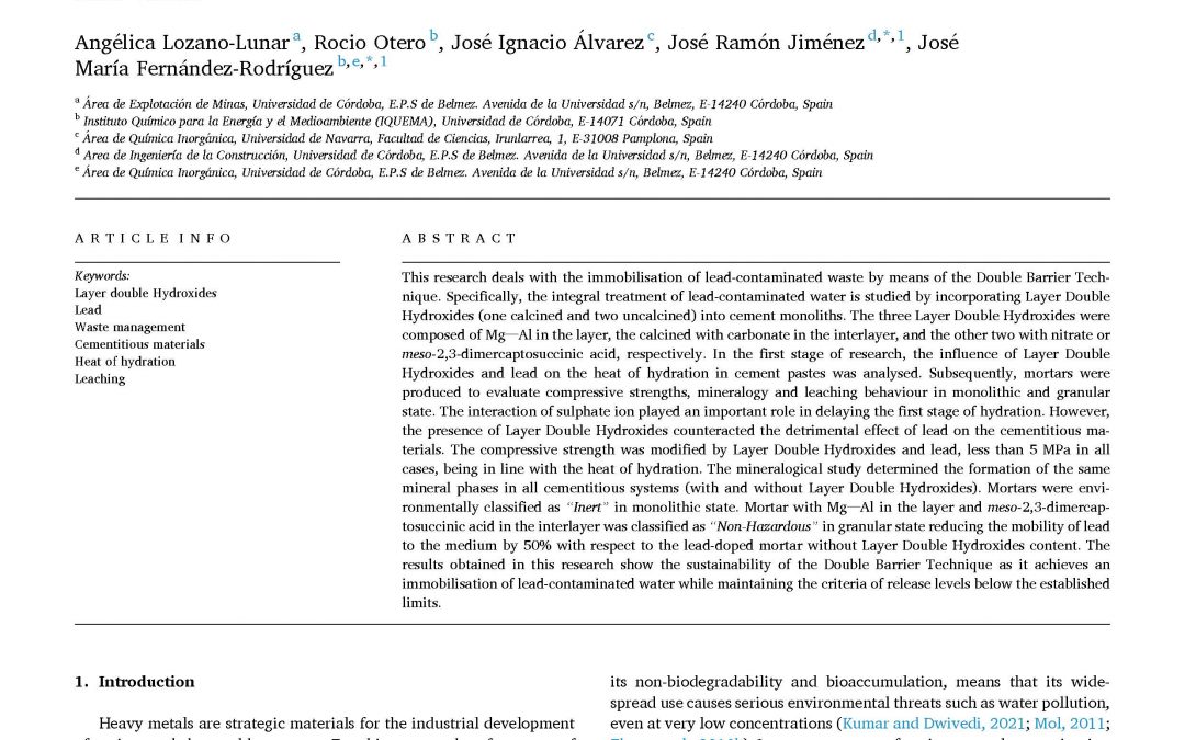 Application of layer double hydroxide in cementitious matrices for the improvement of the double Barrier Technique in the immobilisation of lead waste. Applied Clay Science 238 (2023) 106938