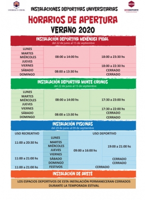 Horario de aperturas de las instalaciones deportivas - verano 2020