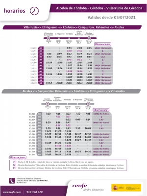 Horario de trenes de cercanías al Campus de Rabanales a partir del 5 de julio de 2021