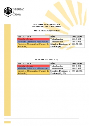 Horarios de apertura extraordinarios de la Bibloteca Universitaria