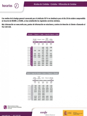 Horario especial de trenes a Rabanales por huelga convocada para el jueves 28 de octubre