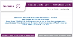 Horarios del servicio de trenes de cercanías Alcolea-Córdoba-Villarrubia, del 4 al 11 de abril