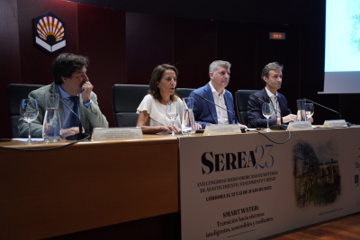 La vicerrectora Lourdes Arce inaugura el congreso junto al profesor García Morillo y los representantes institucionales de Ayuntamiento y Junta, Jesús Coca y Francisco Ramón Acosta.