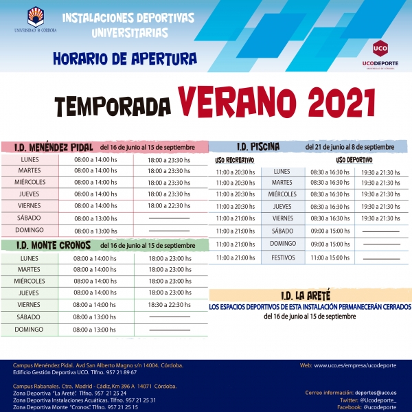 Horario de verano de las instalaciones deportivas de la Universidad de Córdoba