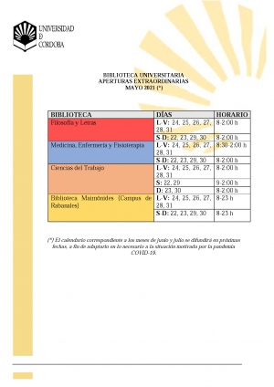 Horario de aperturas extraordinarias de las bibliotecas universitarias mayo 2021