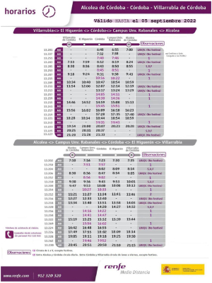 Horarios cercanías Rabanales 1-5 septiembre