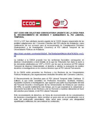 UGT y CCOO SOLICITAN CONVOCATORIA URGENTE de la CIVEA para el reconocimiento de SEXENIOS Y QUINQUENIOS al PDI LABORAL TEMPORAL