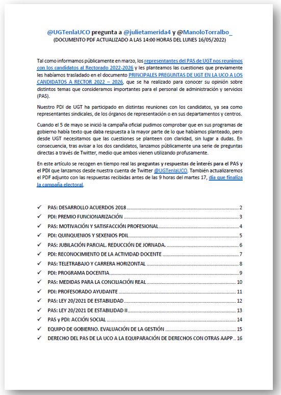 Preguntas y Respuestas DE UGT a candidaturas rectorado