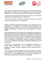 Comunicado conjunto de CCOO, CSIF y UGT - PAS Funcionario: envío a Boletín de convocatorias de concurso OPE adicional de Auxiliar Administrativo y de Operadores Informática